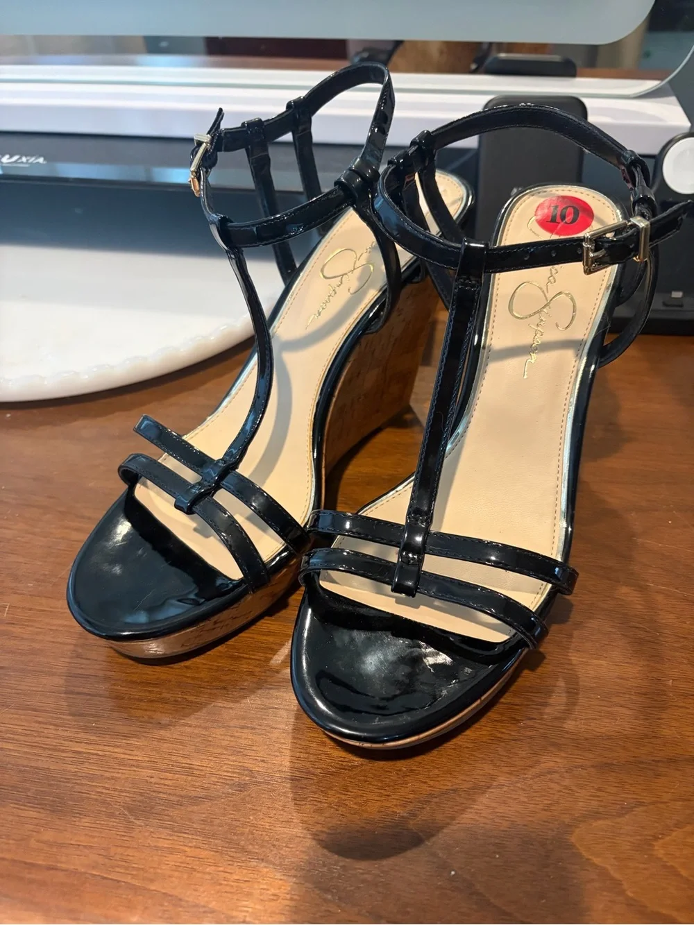 Jessica Simpson Black Patent Cork Wedge Sandals with T‑Strap